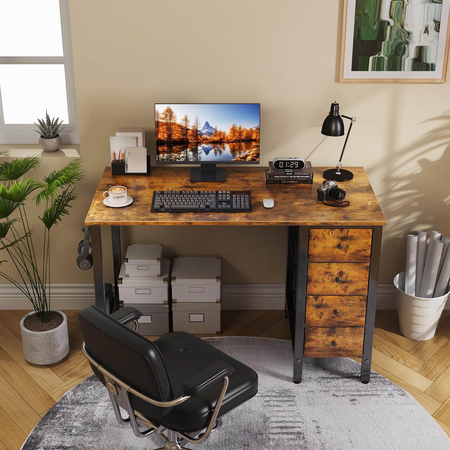 Lufeiya 40 inch Computer Desk with 4 Drawers, Kids Student Small Desks for Home Office Small Space, Work PC Desk Table for Bedroom, Rustic Brown - WoodArtSupply