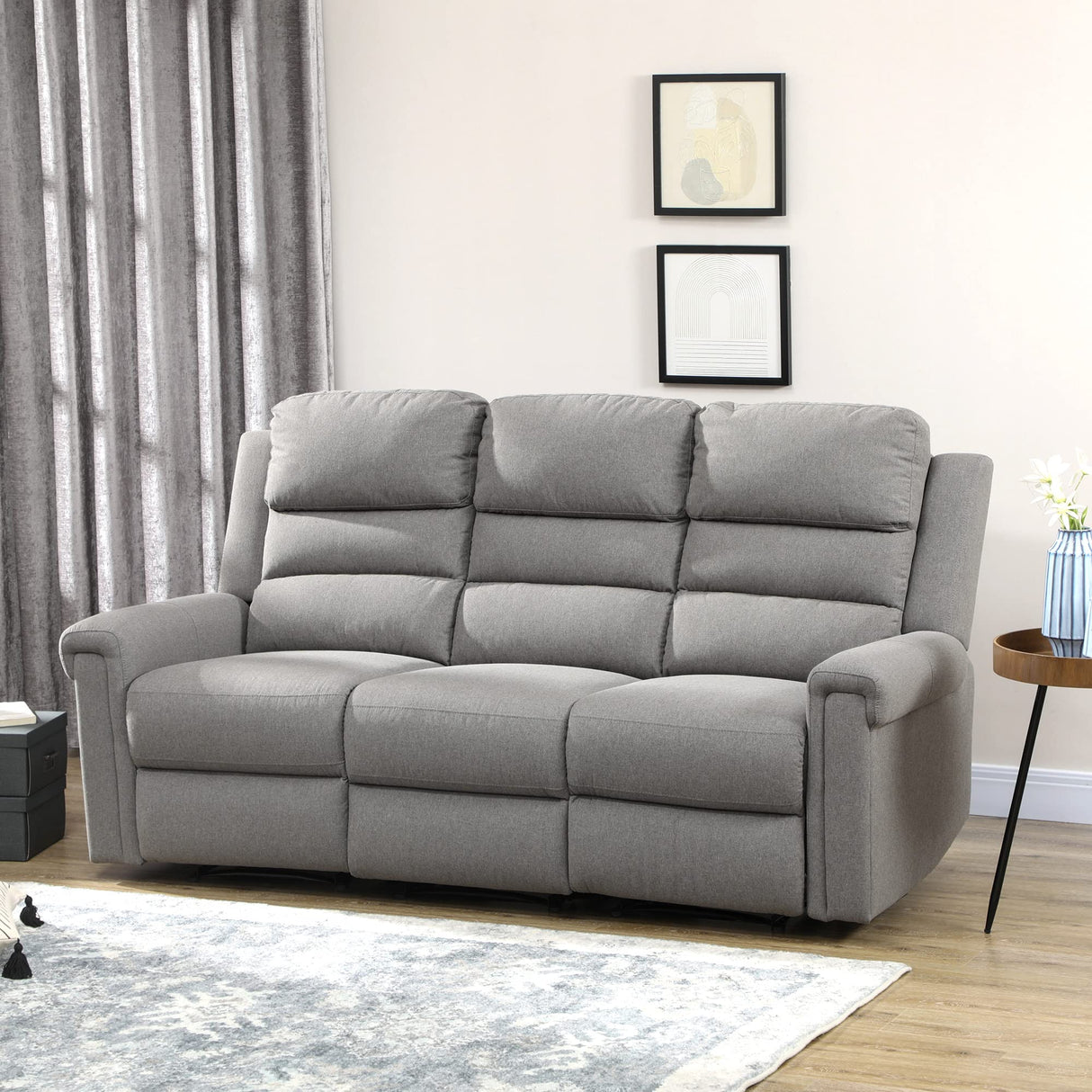 HOMCOM 3 Seater Recliner Sofa with Manual Pull Tab, Fabric Reclining Sofa, RV Couch, Home Seating, Gray HOMCOM