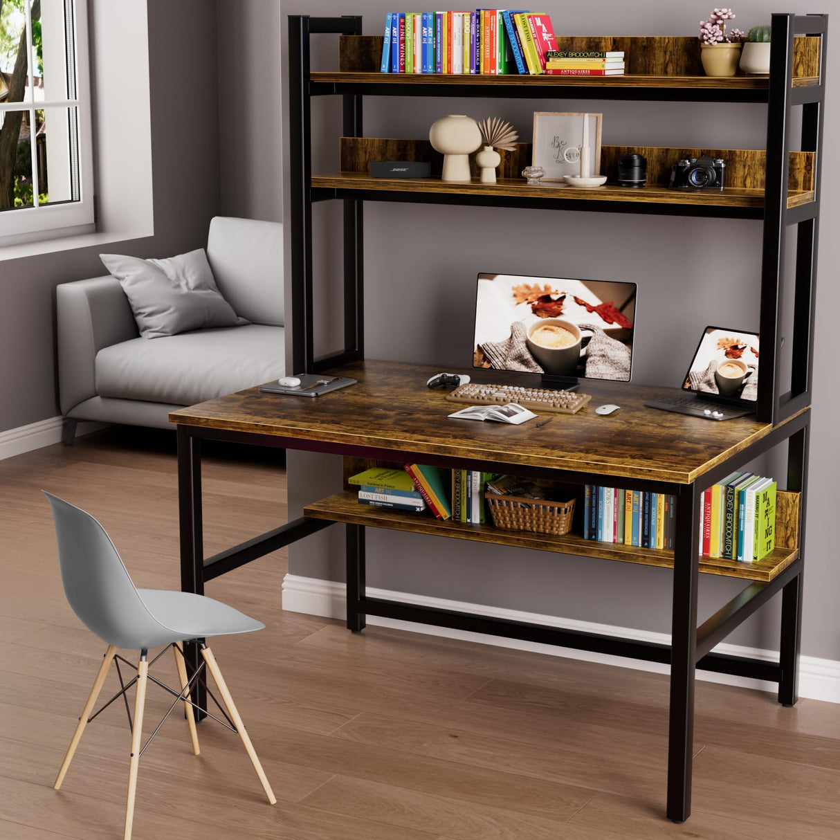Aquzee Rustic Brown Computer Desk with Hutch & Bookshelf for Home Office – Space-Saving Industrial Design Aquzee