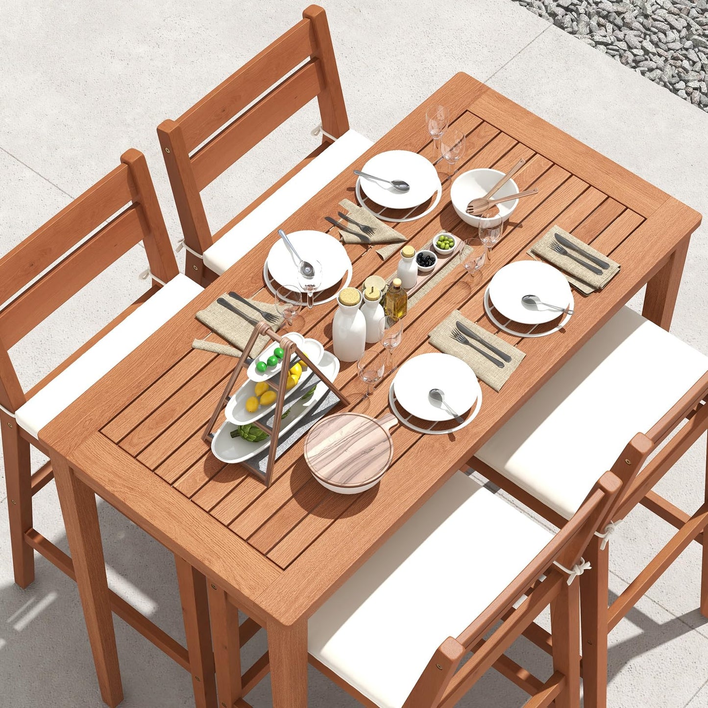 Tangkula Outdoor Eucalyptus Wood Bar Set with Cushions - 5-Piece Patio Bistro Dining Set