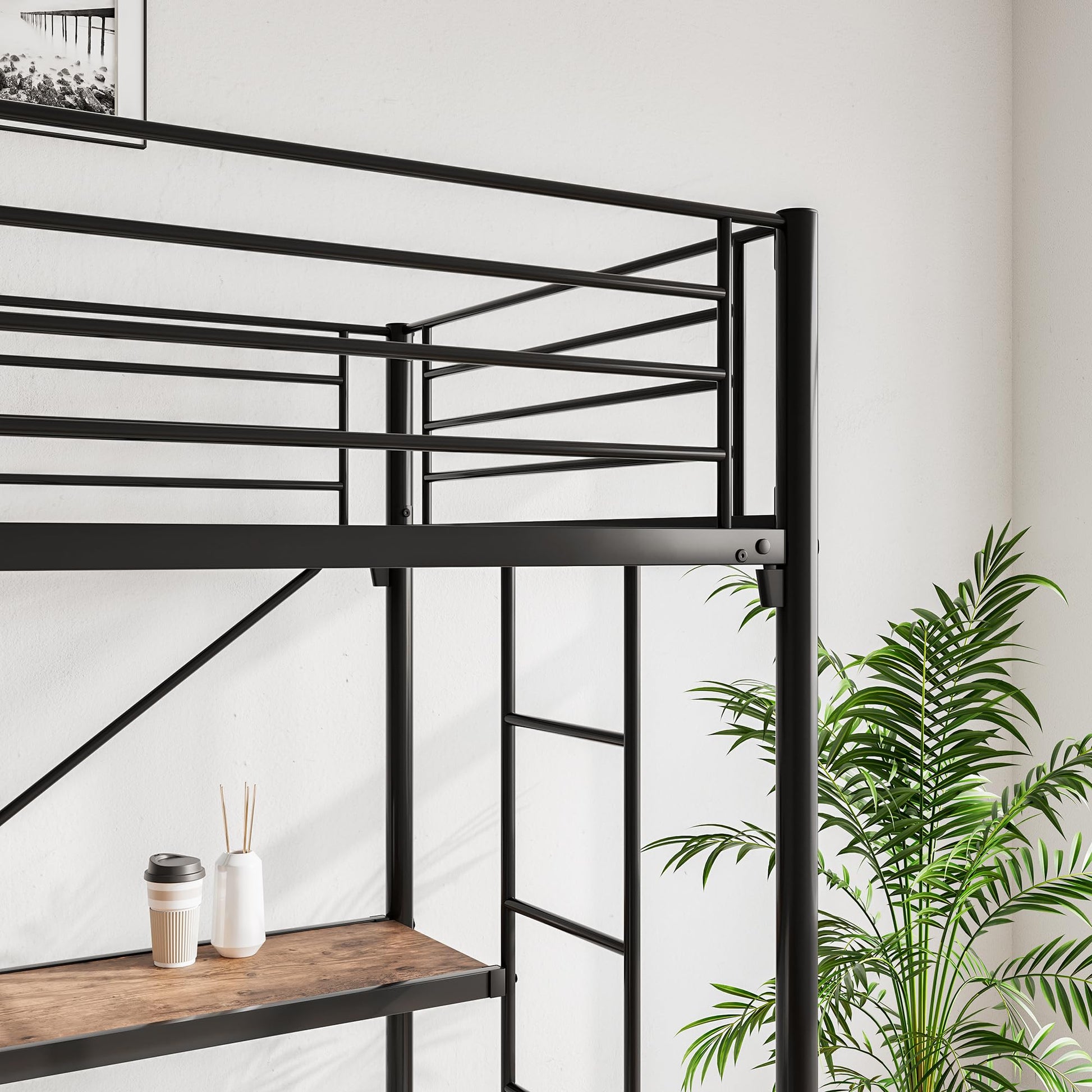 JURMERRY Twin Metal Loft Bed with Desk, Two Ladders, and Safety Guard Rail in Black - WoodArtSupply