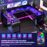 Jojoka U Shaped Desk, 79 Inch Large Corner Office Desk with Monitor Stands, Reversible L Shaped Computer Gaming Desk with Power Outlets & LED Lights,U Shaped Gaming Desk (Black) Jojoka