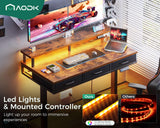 AODK 47 Inch Electric Standing Desk with 3 Drawers, Brown, Height Adjustable Desk with Power Outlets & LED Lights, Stand Up Desk with Monitor Shelf, Sit Stand Desk Computer Workstation AODK