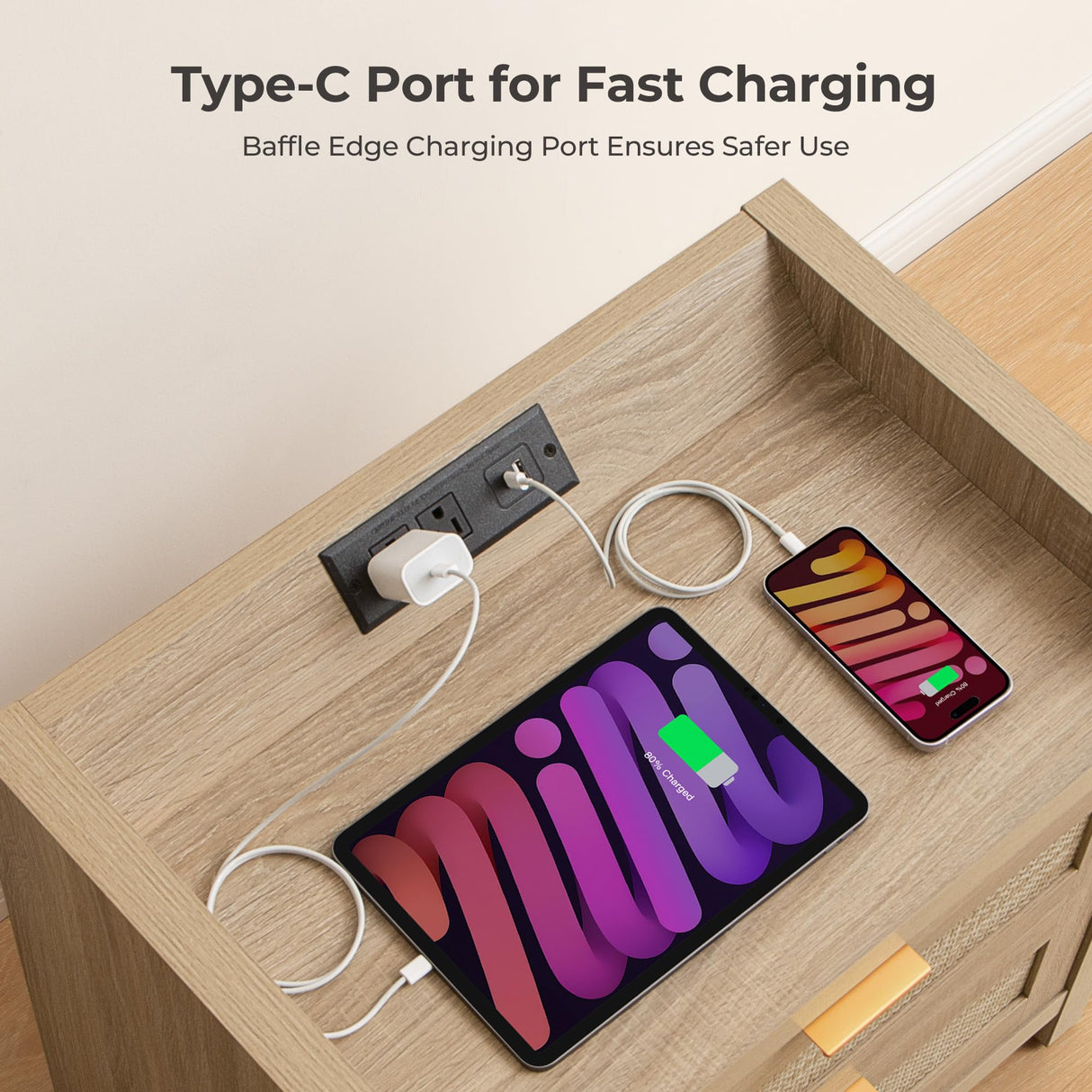 SICOTAS Rattan Nightstand Bedside Table : Wood Night Stand with Type-C Charging Station, 2 Drawers Storage - Boho Night Stands End Table for Bedroom - Light Oak SICOTAS