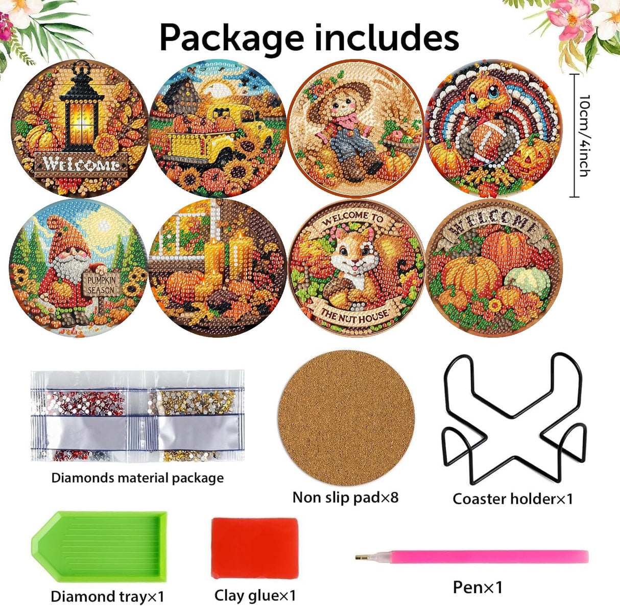 8 Pcs Fall Diamond Art Painting Coasters Kits,Thanksgiving Day Coaster with Holder for Adults, Non-Slip DIY Dot Paint Craft Kits,5D Full Drill DIY Diamond Dot Gem Art Kit Home Decor Arts Craft NEGEKFKX
