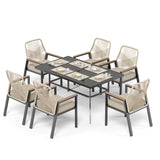 7 Pieces Patio Dining Set, 6 x Woven Rattan Chairs with Waterproof Cushion, 59" Rectangular Metal Dining Table with Umbrella Hole, Outdoor Table and Chairs Set for Backyard Lawn and Deck, Beige SUNSHINE VALLEY