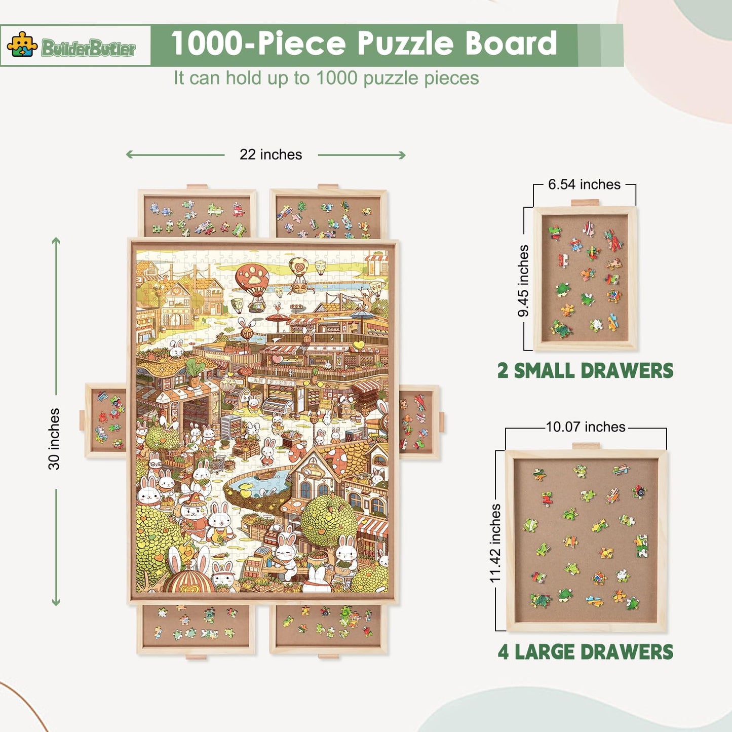 BuilderButler 1000 Pieces Rotating Puzzle Board with 6 Drawers,33.3"x25.2" Portable Wooden Jigsaw Puzzle Board with Lazy Susan Spinning Cover for Adults - WoodArtSupply