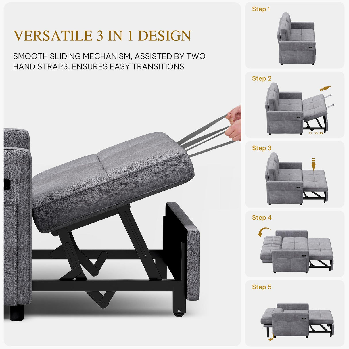 YITAHOME 55" Convertible Sofa Bed, 3-in-1 Sleeper Sofa with Pull-Out Bed, Cat-Scratch-Proof Futon Couch with 5-Levels Reclining Backrest, USB and Side Pocket, Modern Loveseat for Living Room, Grey YITAHOME