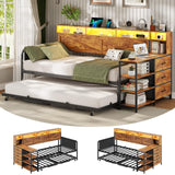 VIAGDO Daybed Twin with Pop Up Trundle, Farmhouse Wooden Day Bed Frame with 3 Storage Drawers and Shelves, Twin to King Daybed with Charging Station and LED Lights for Bedroom, Rustic Brown VIAGDO