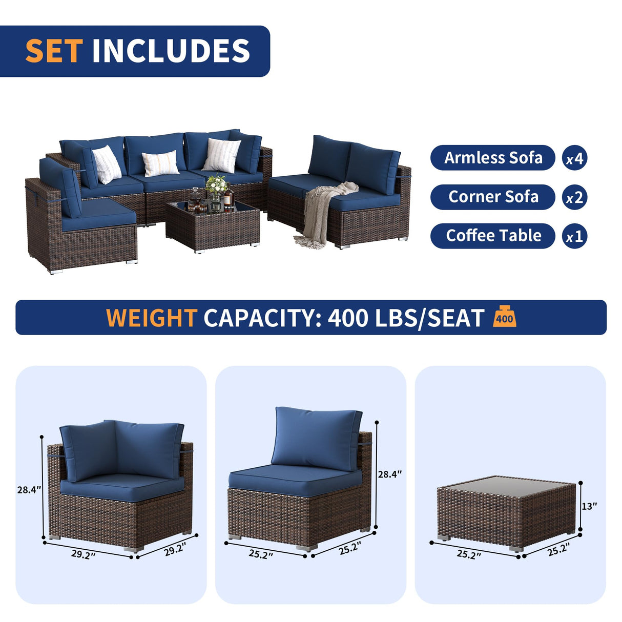 VONZOY Patio Furniture Set, 7-Piece Outdoor Sectional with Free Cover, All-Weather Wicker Patio Conversation Sets for Backyard (Brown with Navy Cushion) VONZOY