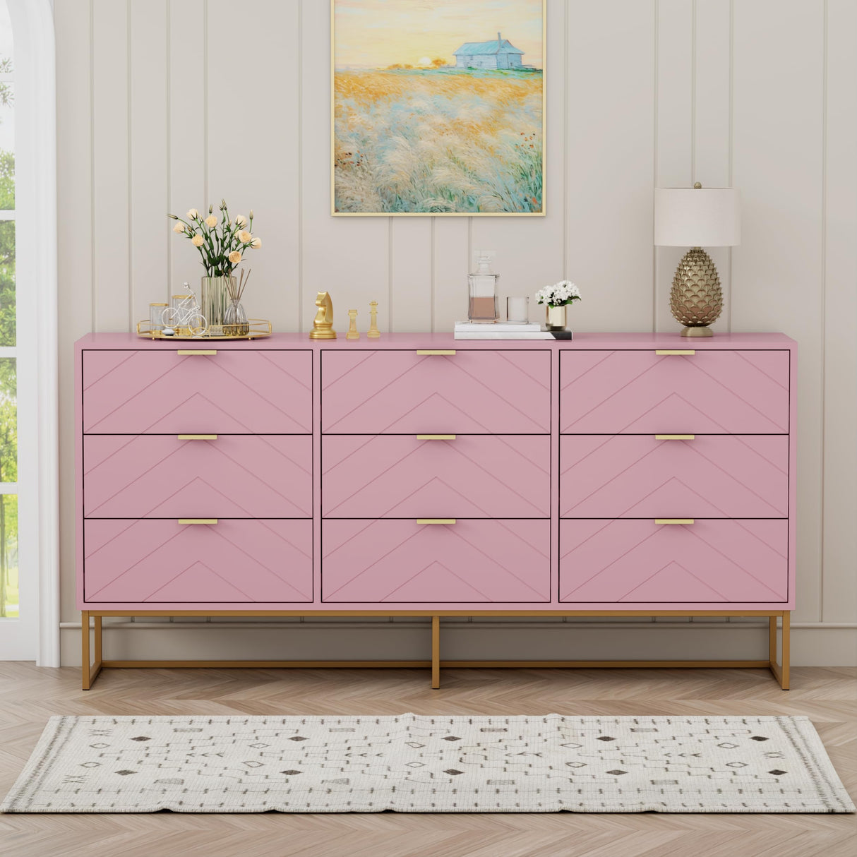 Scurrty Large 9 Drawer Dresser, Storage Dressers,59 inch Dresser with Chest,Storage Cabinet for Bedroom, Dressers for Bedroom, Living Room,etc. (Pink) Scurrty