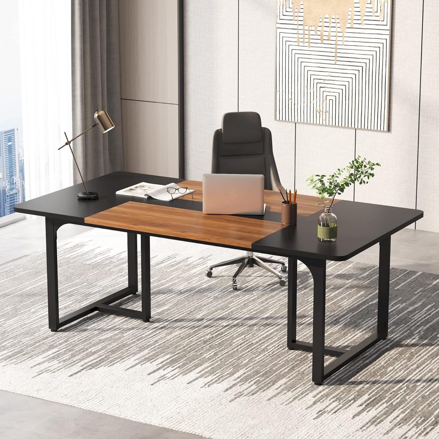 Tribesigns 70.86'' Executive Desk, Large Office Computer Desk with Strong Metal Frame, Wooden Workstation Business Furniture, 8 People Rectangle Conference Table for Home Office,XK00251 - WoodArtSupply