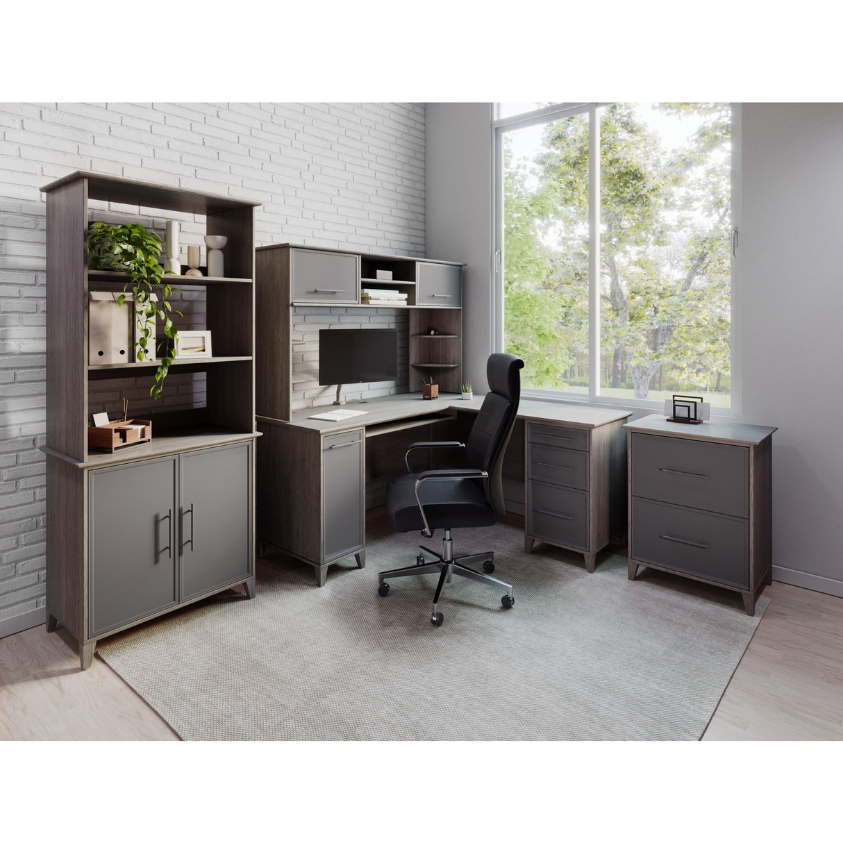 Realspace® Koru 60"W Hutch For Koru L-Shaped Or Straight Computer Desks, Two-Tone Slate/Gray Oak Realspace