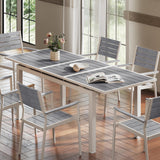 VredHom Outdoor Dining Table, 63"-83" Patio Extendable Dining Table with Grey Wooden-Like Top and White Aluminum Frame, Rectangular Table Outdoor Furniture VredHom
