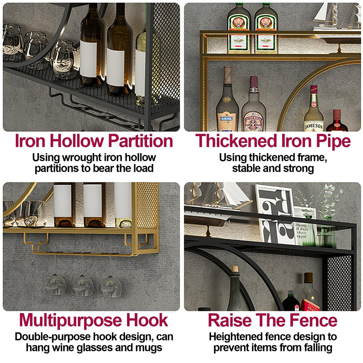 Wall Mounted Led Wine Rack Wine Glass Rack, Bar Unit Metal Floating Shelves, Bar Bottle Display Shelf Wine Cups Hanging Holder, Hanging Goblet For Liquor Bottles, For Kitchen Living Room Home Decor Qxgylz