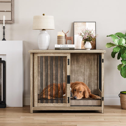 Meadaro 37.4" Dog Crate Furniture Solid Wood with Dog Cushion for Large Dogs, Heavy Duty Dog Kennel Indoor with Sliding Door Chew-Resistant Steel Tube Decorative Dog House Dog Cage Side End T - WoodArtSupply