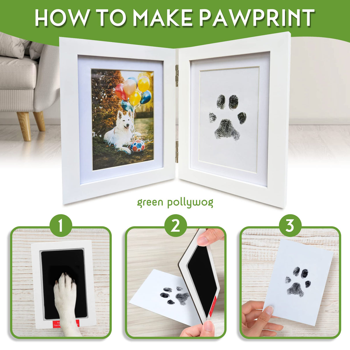 Green Pollywog | Paw Print Pet Keepsake Hinge Photo Frame + Ink Pad Kit | Dog Paw Print Kit | Extra-Large Ink Pad Included | 4 x 6 Picture Openings Green Pollywog