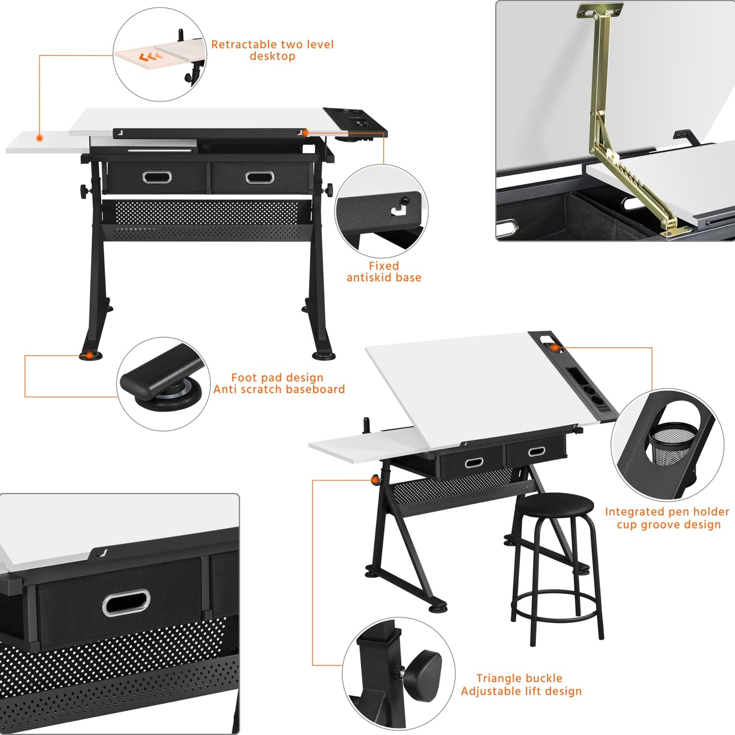 Yaheetech Height Adjustable White Art Desk for Adults, Tilting Tabletop Drafting Drawing Table with Extra Large Desktop and Drawers, Foldable Stand up Craft Painting Table and Chair Set with Stools