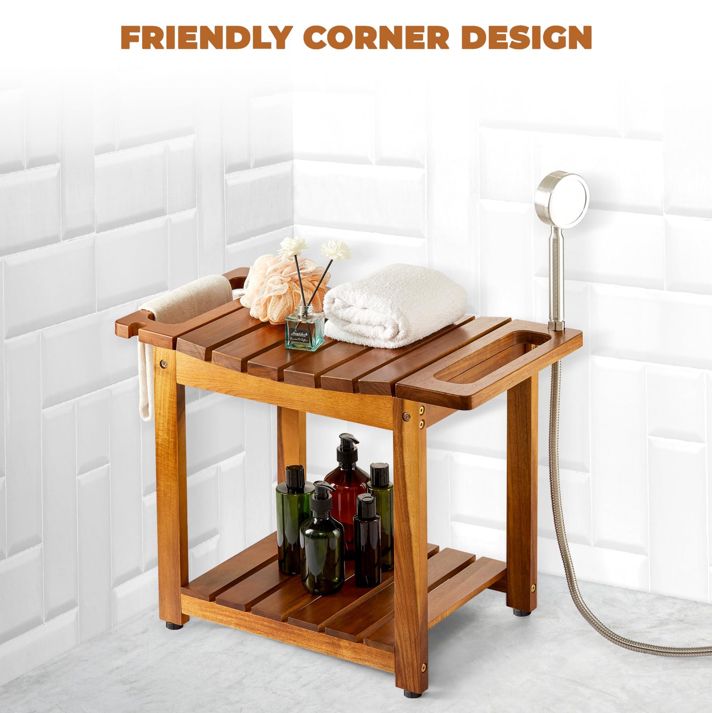 BLUEWEST Shower Bench Seat with Storage Shelf, Natural Wood Shower Benches for Inside Shower to Sit on, Waterproof Bathroom Spa Bench Stool for Legs Shaving with Built-in Handle & Shower Head Holder