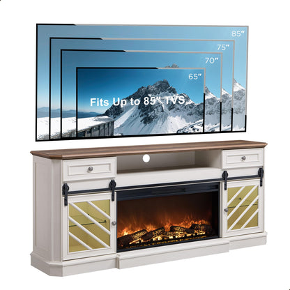 OKD 75” Fireplace TV Stand for 85 Inch TV, Farmhouse Highboy Entertainment Center with 36” Electric Fireplace, Modern Media Console Table with Drawers Storage&Cabinets for Living Room, Antique White