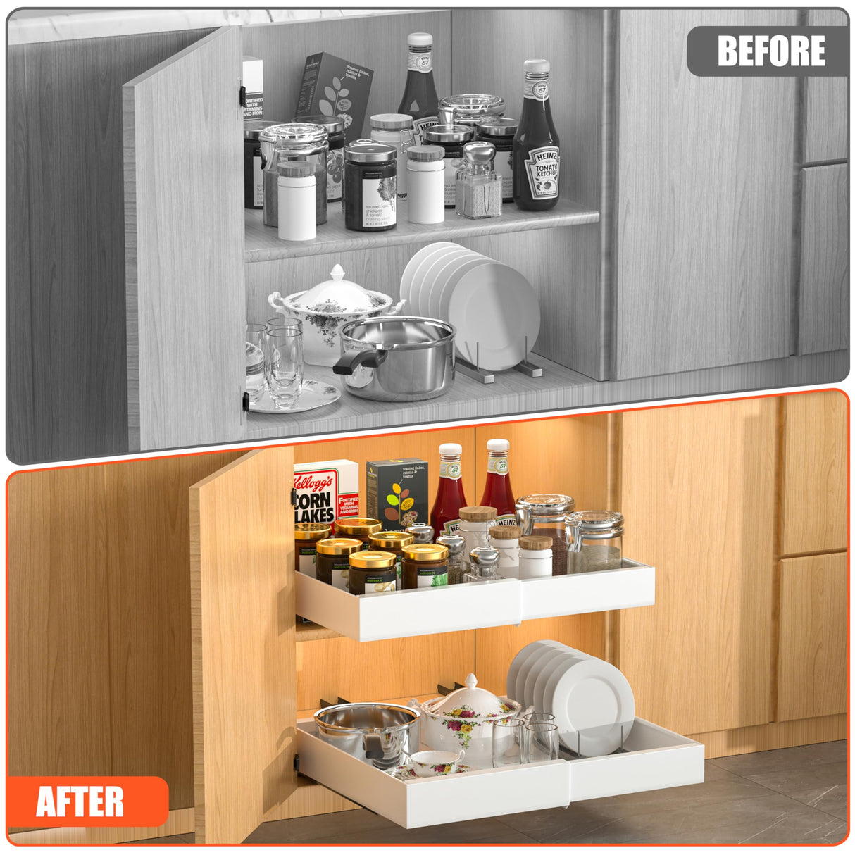 DEKAVA 2 Pack Pull Out Cabinet Organizer Expandable, Adhesive with Nano Film, Pull Out Drawers for Cabinets in Kitchen, Pantry or Bathroom (White, 21" DEEP) DEKAVA