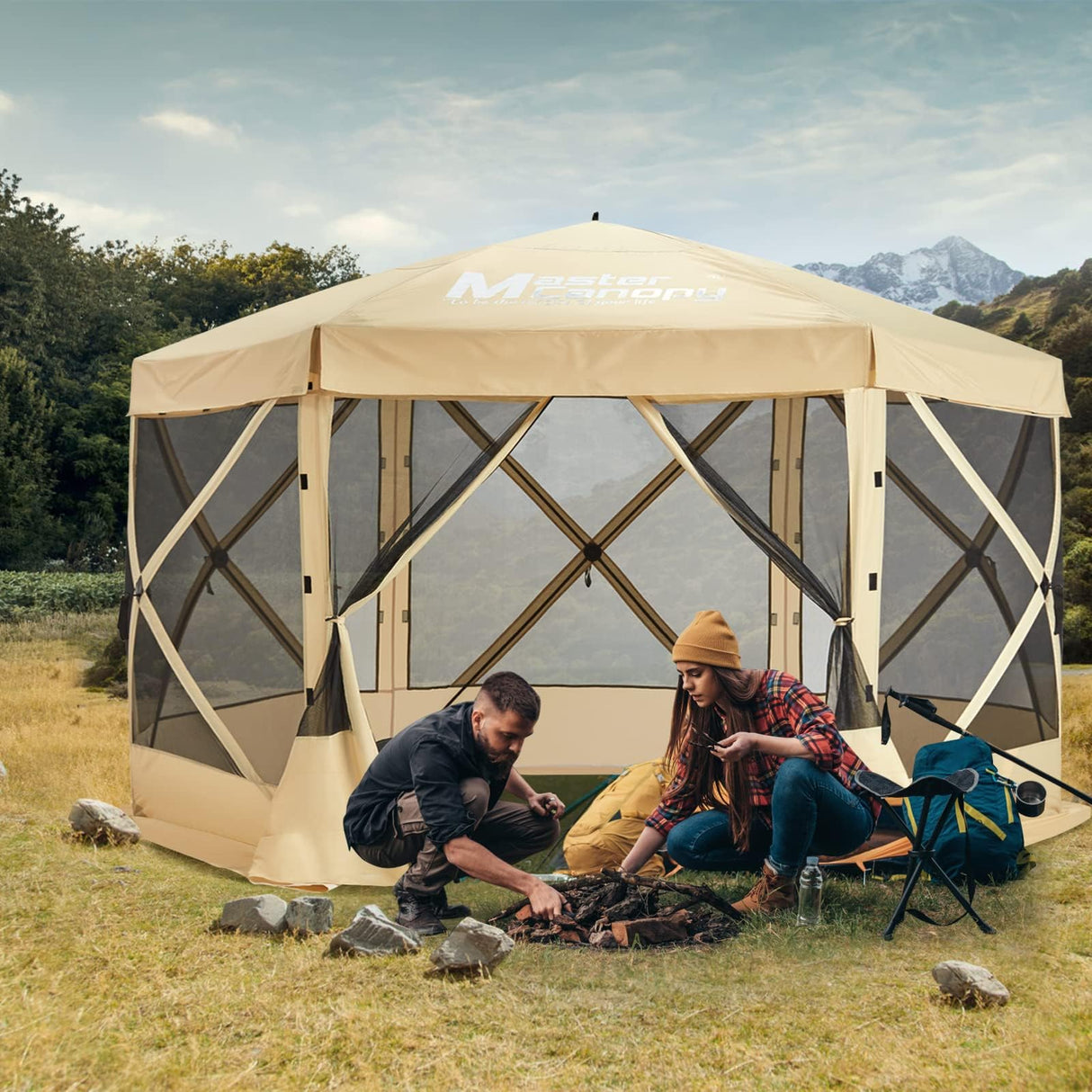 MASTERCANOPY Portable Screen House Room Pop up Gazebo Outdoor Camping Tent with Carry Bag(12x12, Beige) MASTERCANOPY