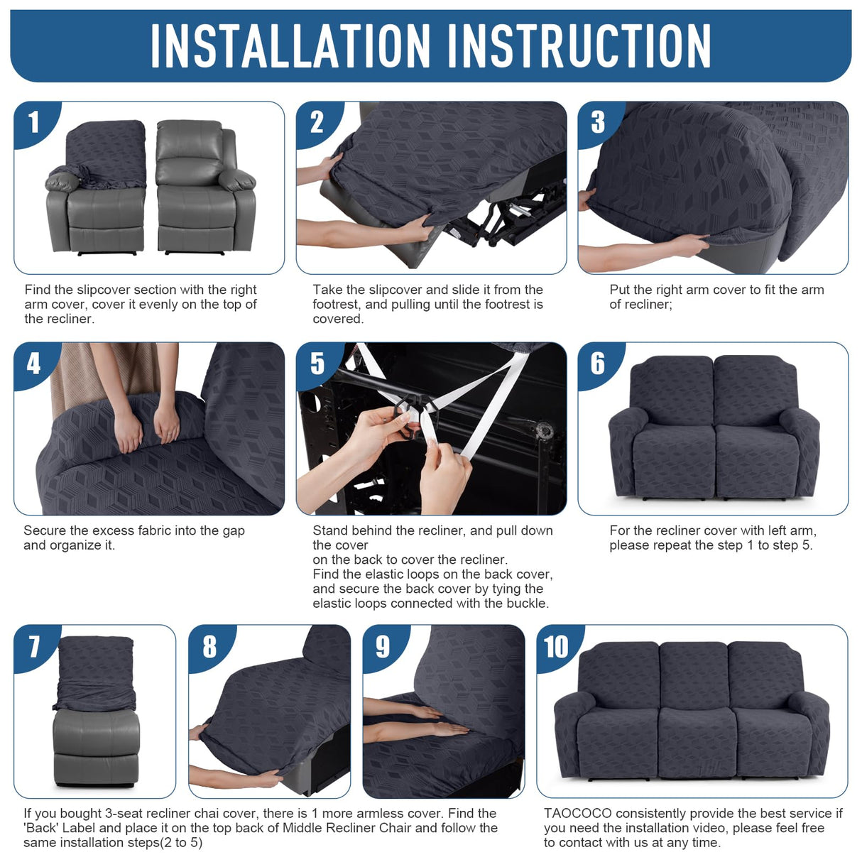 TAOCOCO Recliner Sofa Covers Stretch Reclining Couch Cover, Jacquard Recliner Couch Cover for 3 Seat Furniture Protector Sofa Slipcovers with Elastic Bottom for Kids, Pets (Dark Grey) TAOCOCO