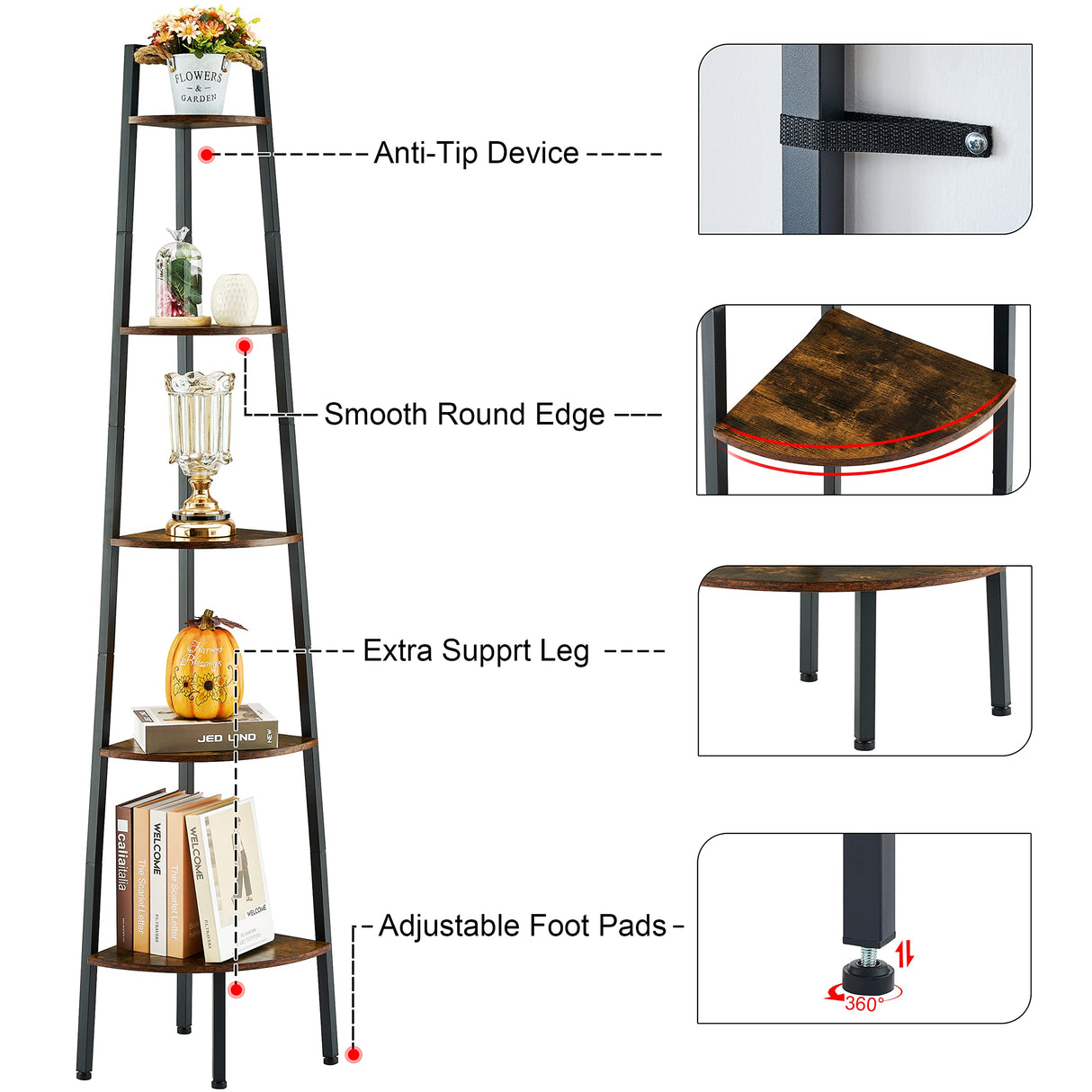 Hoctieon 5-Tier Rustic Brown Corner Shelf - Industrial Ladder Display Rack for Small Spaces Hoctieon