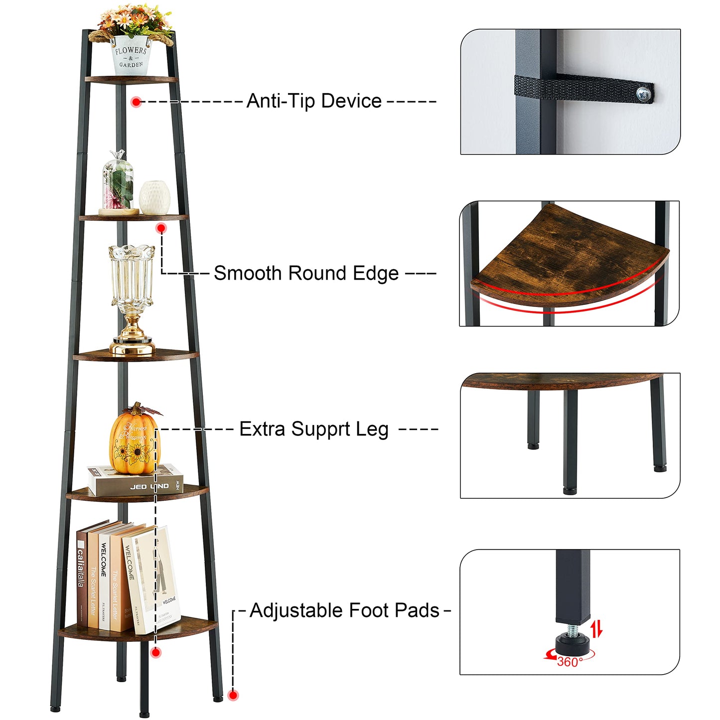 Hoctieon 5-Tier Rustic Brown Corner Shelf - Industrial Ladder Display Rack for Small Spaces - WoodArtSupply