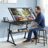 Roockky Drafting Table, 0-75° Tilting Glass Tabletop Drawing Table with Stool - Adjustable Height Art Desk with Multi-Storage for Sketching and Painting - Perfect for Artists and Hobbyists, Black Roockky