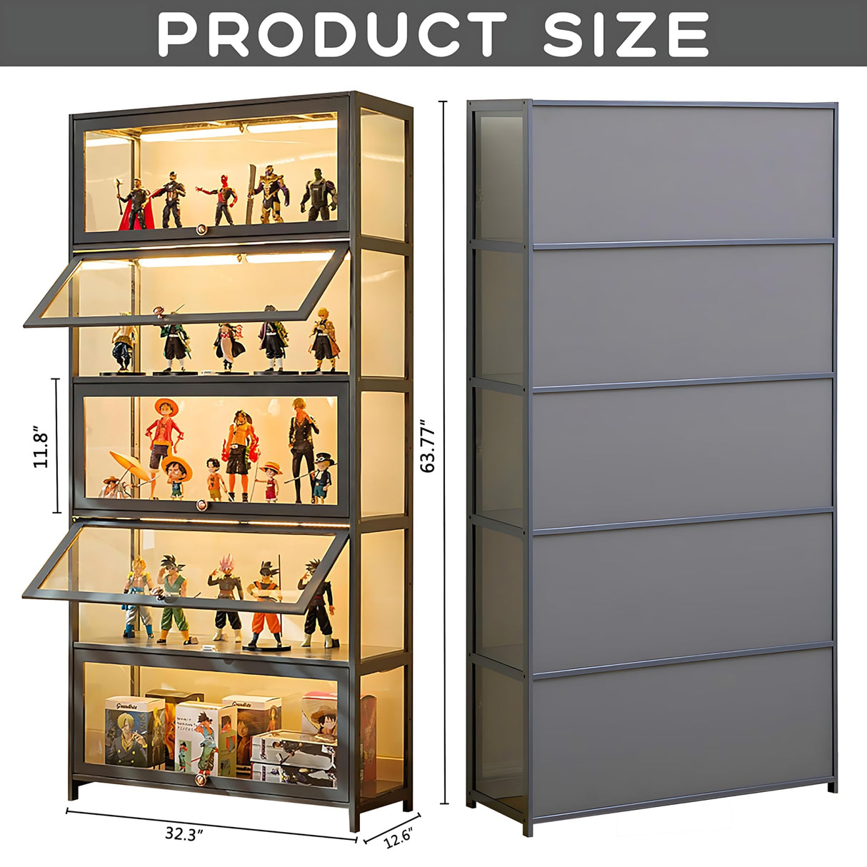 HAOWANJP Curio Display Cabinet 5-Tier Storage Shelves with Acrylic Door, Collectibles Toy Organizers Rack & Display Shelf, Kids Bookshelf and Bookcase for Playroom, Bedroom (Black-Flip) HAOWANJP