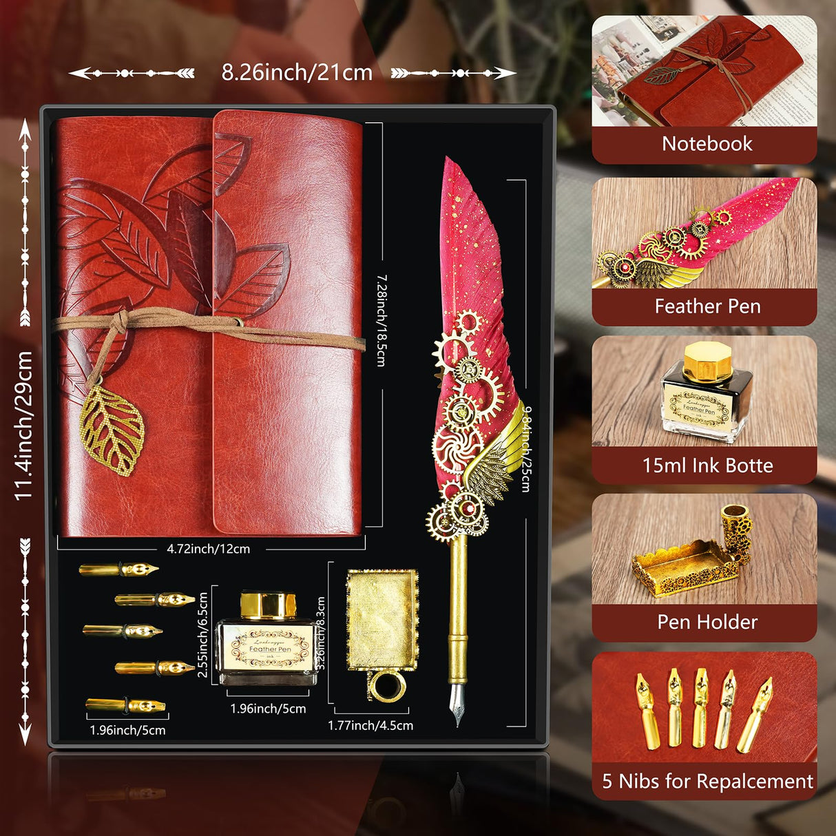 Feather Quill Pen and Ink Set,Antique Calligraphy Set with Leather Journal Notebook,Feather Pen,5 Gold Nibs,Pen Holder,Ink,Calligraphy Kits for Beginners Christmas Gift GrnVibe