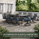 Hanover Montclair 11-Piece Patio Dining Set with 10 Swivel Rocker Chairs, Accent Lumbar Pillows and 84"x60" Steel Stamped Rectangular Table, Large Outdoor Patio Dining Set for 10, Navy Blue Hanover
