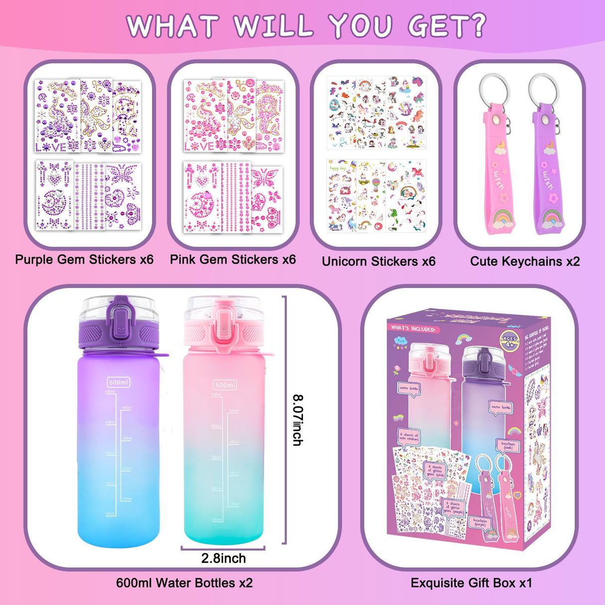 TOUPONS Decorate Your Own Water Bottle Kits Gifts for Girls Ages 4-6-8, DIY Mermaid Unicorn Water Bottle, Fun Kids Arts & Crafts Sticker Toys - 4 5 6 7 8 Year Old Girls Birthday Easter Gifts, 2-Pack TOUPONS