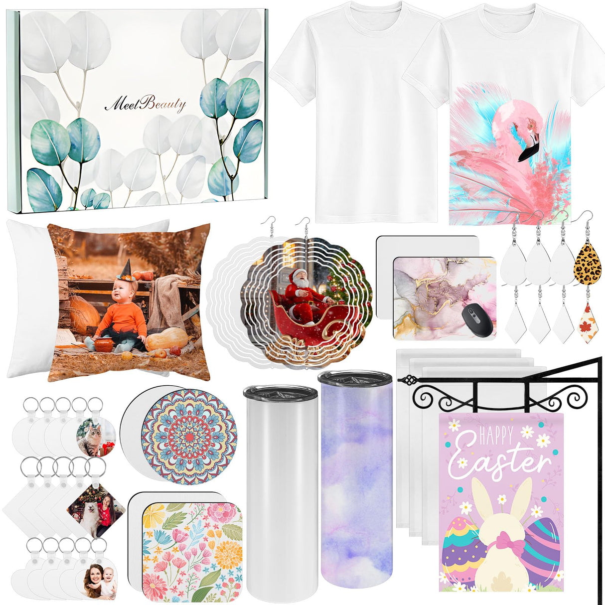 Menkxi 42 Pcs Sublimation Products Set Include Blanks 20 oz Tumblers Wind Spinners T Shirts Keychain Earring Pillow Cover Mouse Pad Coaster Garden Flag Gift Box for DIY Transfer Heat Press Printing Menkxi