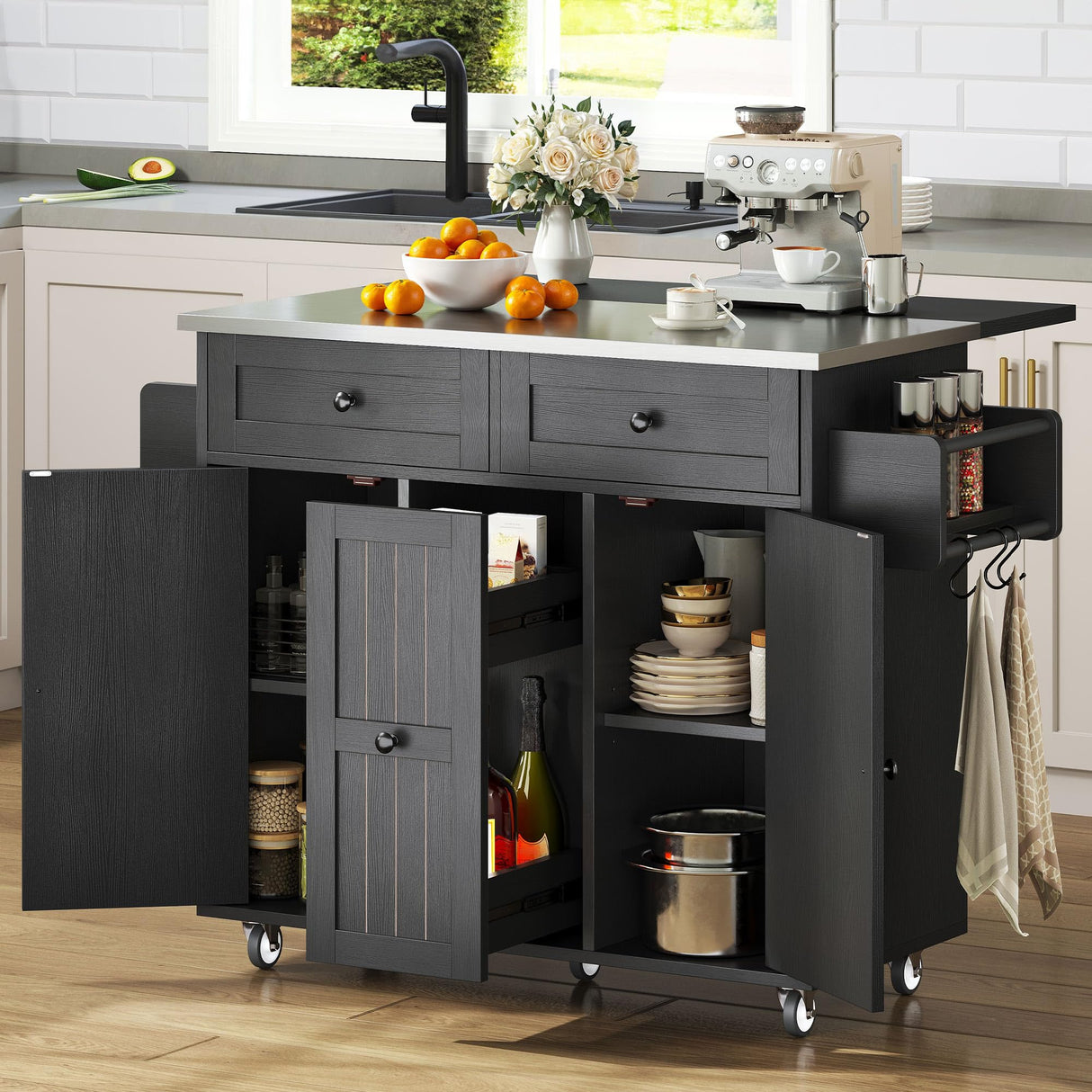 DWVO Kitchen Island on Wheels, Mobile Kitchen Island Cart with Folding Drop Leaf Breakfast Bar, Island Table for Kitchen with Large Storage Cabinets, Racks, Drawers and Adjustable Shelves, Black DWVO