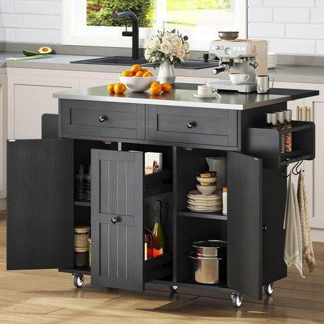 DWVO Kitchen Island on Wheels, Mobile Kitchen Island Cart with Folding Drop Leaf Breakfast Bar, Island Table for Kitchen with Large Storage Cabinets, Racks, Drawers and Adjustable Shelves, Black DWVO