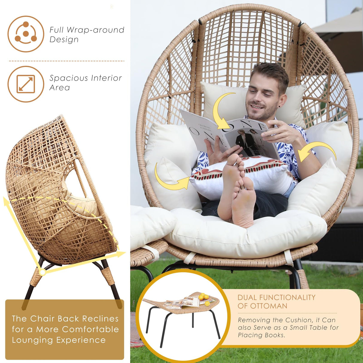 NICESOUL® Indoor Outdoor Stationary Wicker Egg Chair Oversized Thick Cushions Egg Seat with Ottoman, 440lbs Egg Basket Lounge Chair with Footrest, Boho Chair for Patio Balcony Bedroom Beige NICESOUL