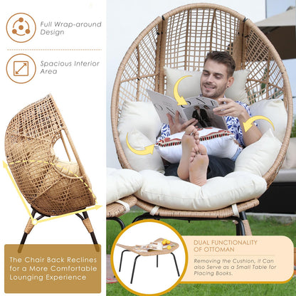 NICESOUL® Indoor Outdoor Stationary Wicker Egg Chair Oversized Thick Cushions Egg Seat with Ottoman, 440lbs Egg Basket Lounge Chair with Footrest, Boho Chair for Patio Balcony Bedroom Beige