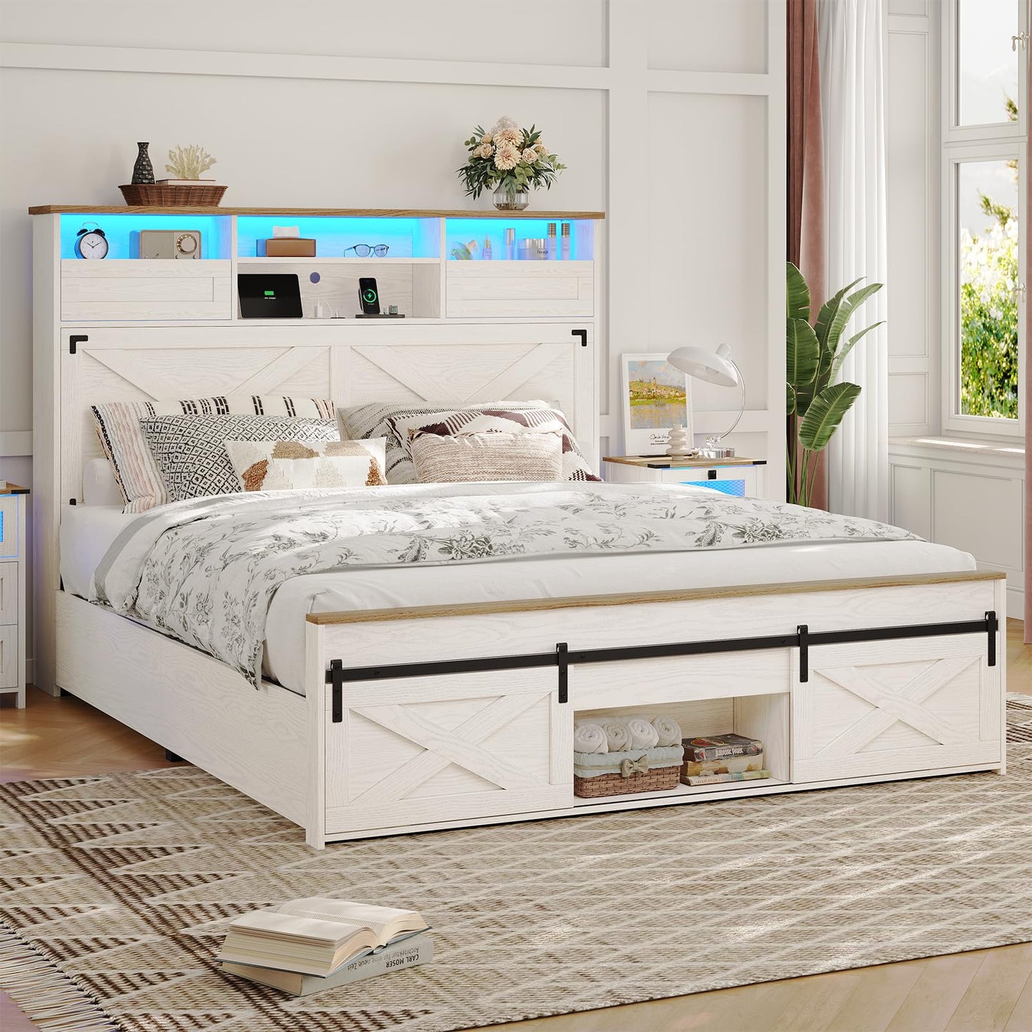 Hasuit Farmhouse Bed Frame Queen Size with LED Lights and Charging Station, 51.4" High Headboard with Storage Shelves and Rustic Country Queen Bed with Sliding Barn Door Storage Footboard, Wh - WoodArtSupply