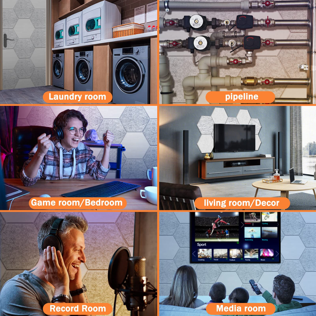 DEKIRU Self Adhesive Soundproof Foam Panels 18 Pack, 12''X10''X0.4'' Hexagon Acoustic Panels, Easy Install Sound Absorbing Panels for Home Recording Studio, Office, and More (Grey) Dekiru