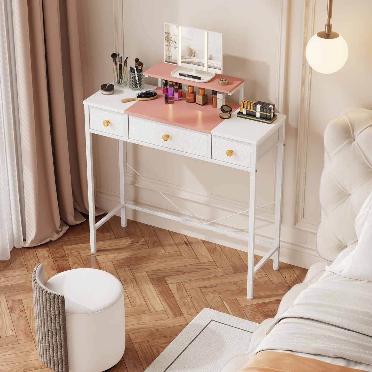 HIGDBFE Makeup Vanity Desk with Mirror and Lights, Small Vanity Table with Height-Adjustable Stand, 3 Fabric Drawers Vanity Desk for Girls Gifts, Bedroom and Small Spaces, 27.5'', White&Pink HIGDBFE