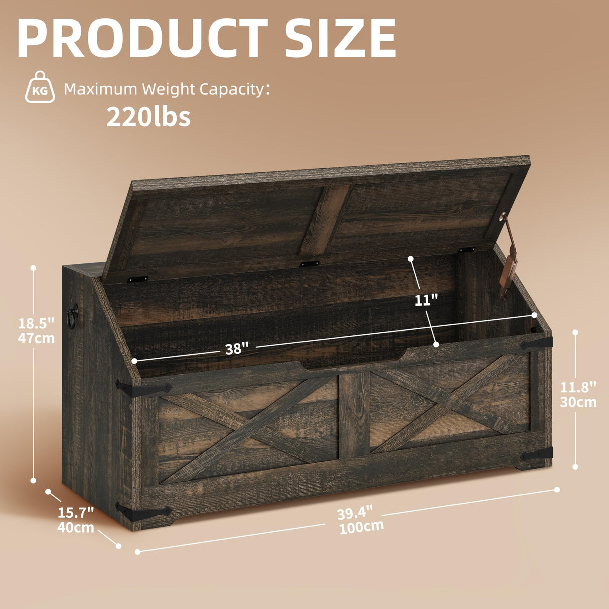 DWVO Storage Chest, Farmhouse Storage Bench with 4 Wheels, 39.4" Wood Storage Trunk with Safety Hinge, Sloped Design, Storage Organizer for Living Room, Bedroom, Entryway, Dark Rustic Oak DWVO