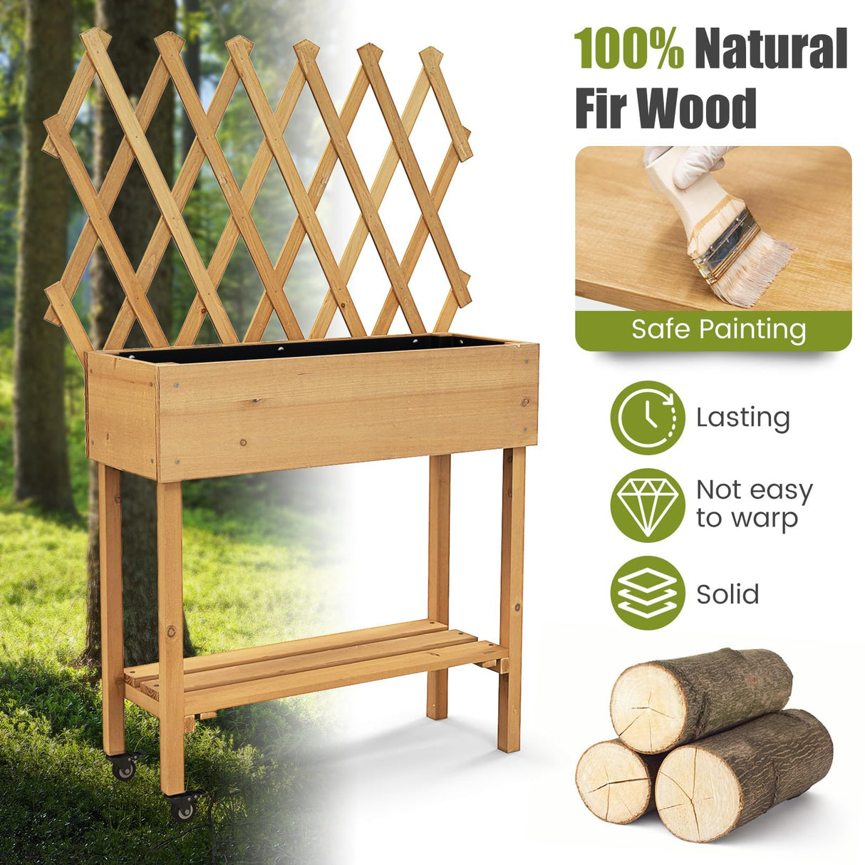 Toolsempire Raised Garden Bed with Trellis, Fir Wood Elevated Planter Bed with Legs, 2 Lockable Wheels & Storage Shelf, Wooden Planter Box Raised Bed for Gardening, Backyard, Balcony & Greenhouse Toolsempire