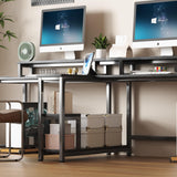 MUTUN Two Person Desk, 83.7 Inch Computer Office Double Desk with Monitor Stand and Power Outlets, Rustic Writing Desk Workstation with Shelves, Long Desk for Home Office, Black MUTUN