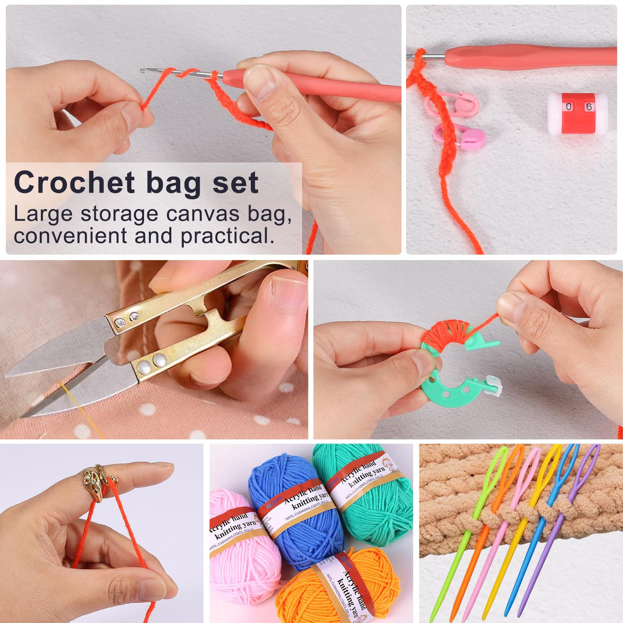 XSEINO Crochet Kit with Step-by-Step Video Tutorials，Premium Bundle Includes 12 Roll x50Yard Acrylic Yarn Balls, 12 Crochet Hooks, Crochet Bag and All Accessories Kit, Crochet Kit for Beginners XSEINO