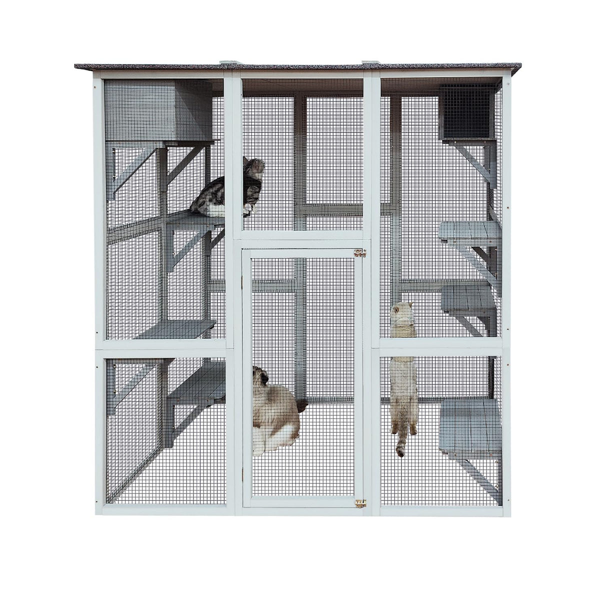 KELRIA 71 Inch Wooden Catio Outdoor Cat Enclosure, Large Cat House with 8 Jumping Platforms, 2 Napping Houses & Weatherproof Asphalt Roof, Walk-in Kitty Condo Shelter Playpen for Multiple Pets, White KELRIA