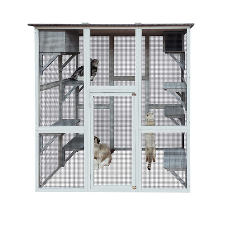 KELRIA 71 Inch Wooden Catio Outdoor Cat Enclosure, Large Cat House with 8 Jumping Platforms, 2 Napping Houses & Weatherproof Asphalt Roof, Walk-in Kitty Condo Shelter Playpen for Multiple Pets, White KELRIA