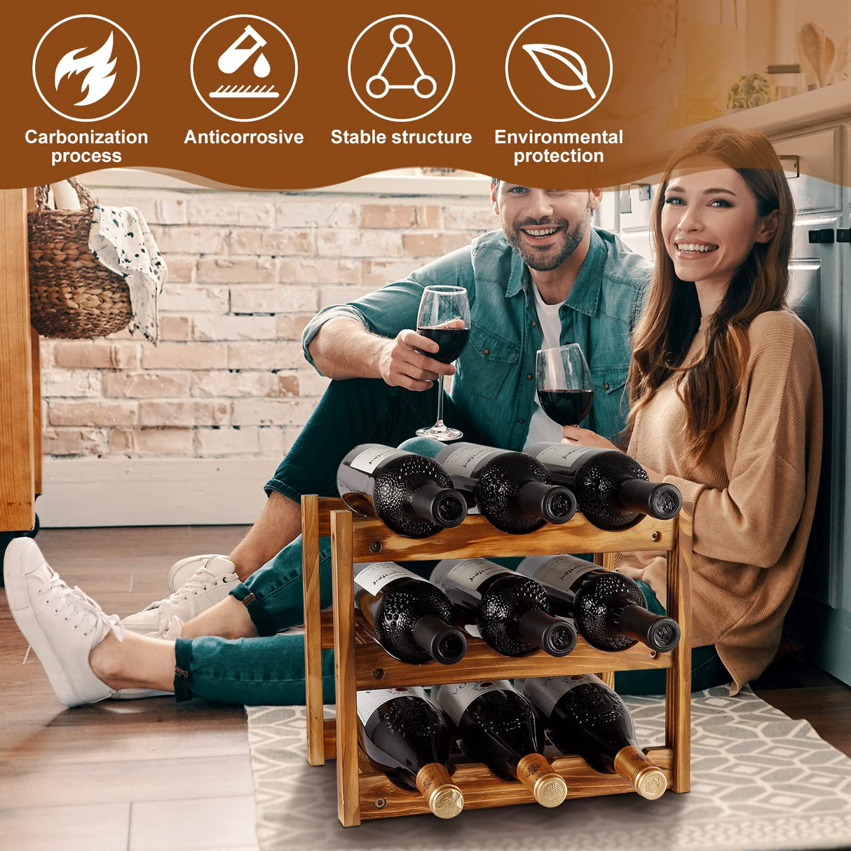 Wine Rack 9 Bottle 3-Tier Wood Wine Storage Easy-Assembly Space-Saving for Wine Lovers,Kitchen Wine Organizer for Countertop,Table Top,Pantry, Niep