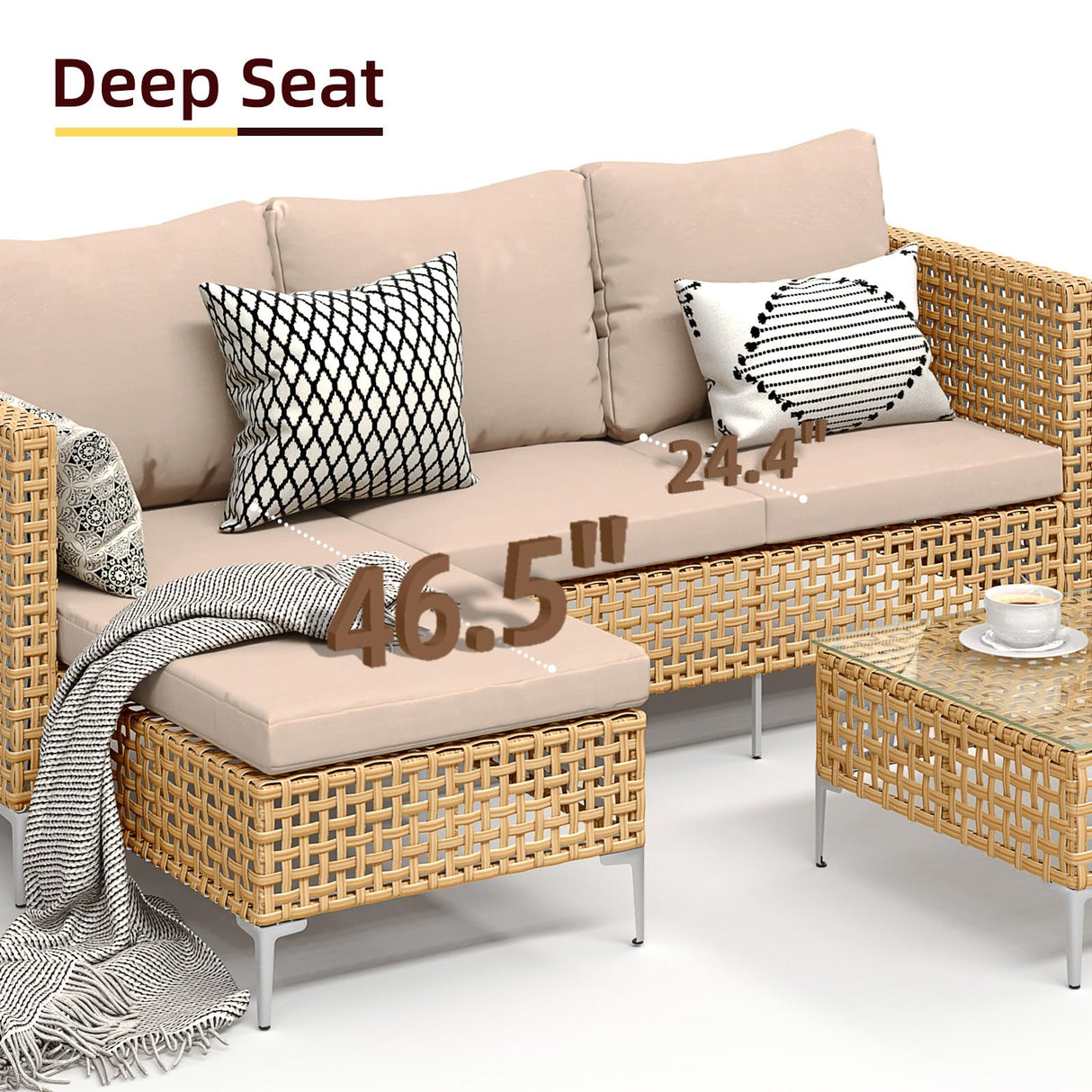 Ophelian 3 Piece Outdoor Furniture Set, Apartment Patio Sectional Furniture, Patio Chaise Sofa Sets with All Weather Manual Rattan, Perfect for Balcony, Porch, Lawn, Backyard (Yellow/Beige) Ophelian